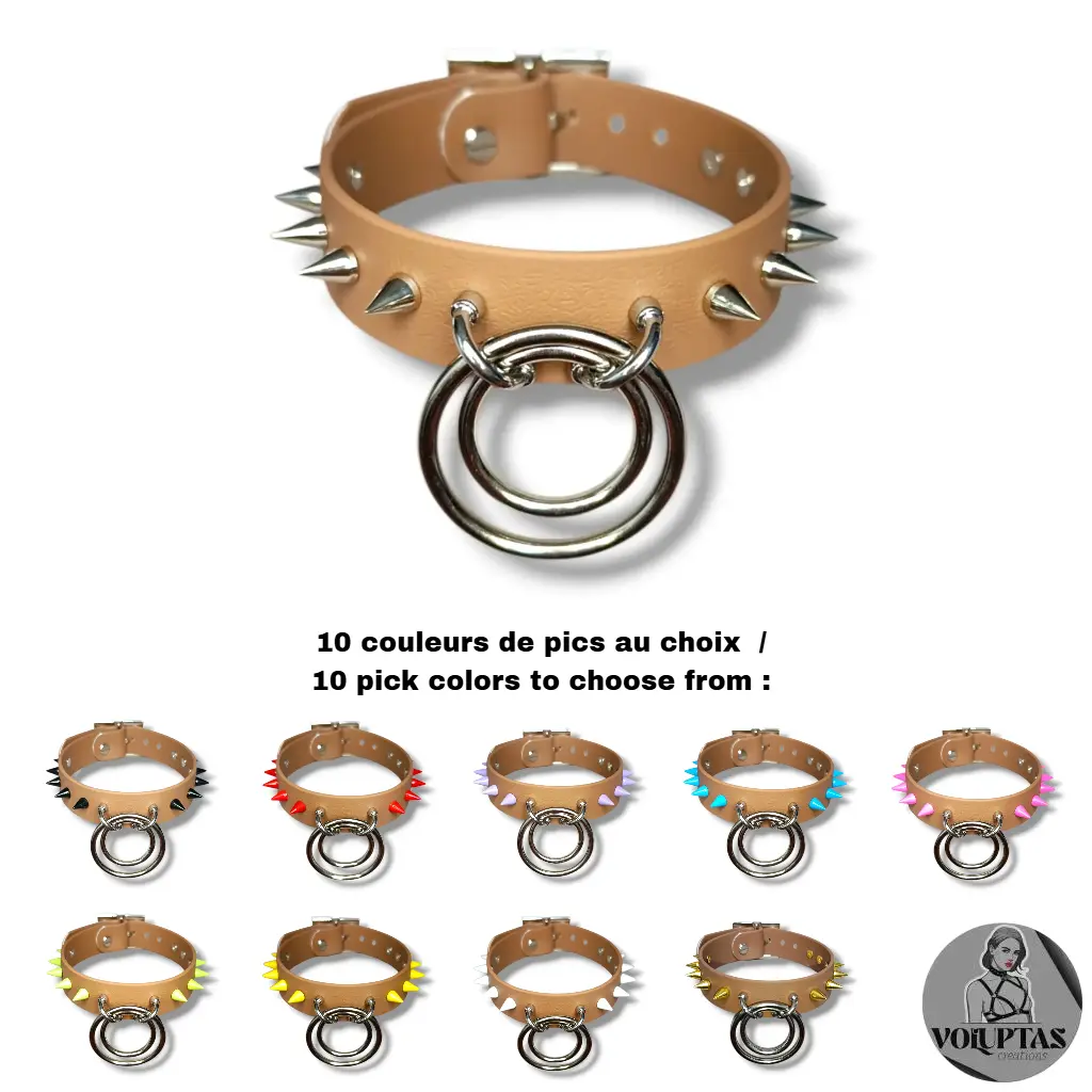 Collier TOTALIA en cuir vegan marron avec pics — Personnalisable 