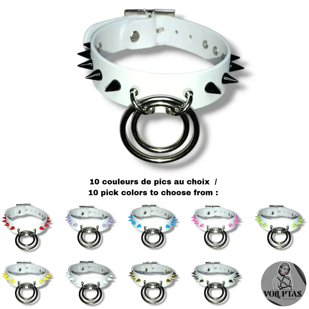 Collier TOTALIA en cuir vegan blanc avec pics — Personnalisable