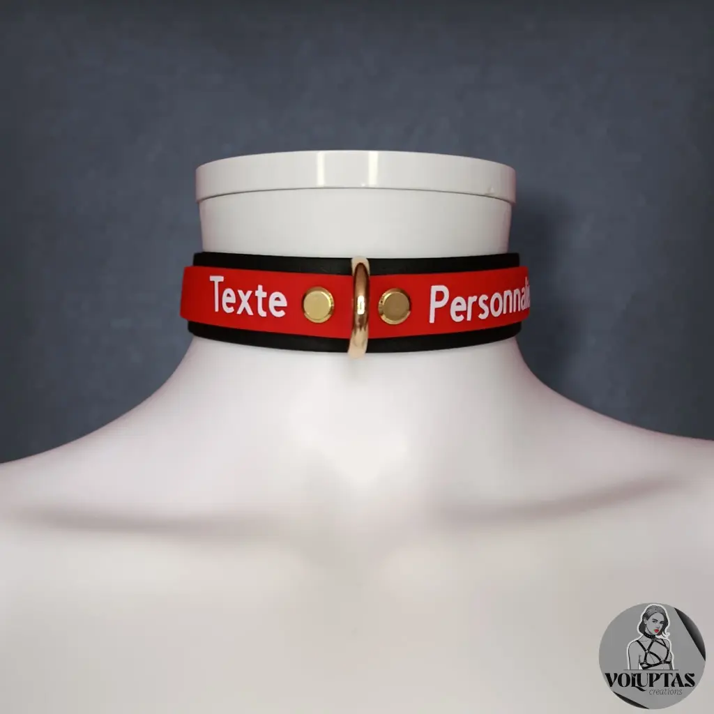 Collier DEVOTIA en cuir vegan noir & rouge — Texte personnalisable en option
