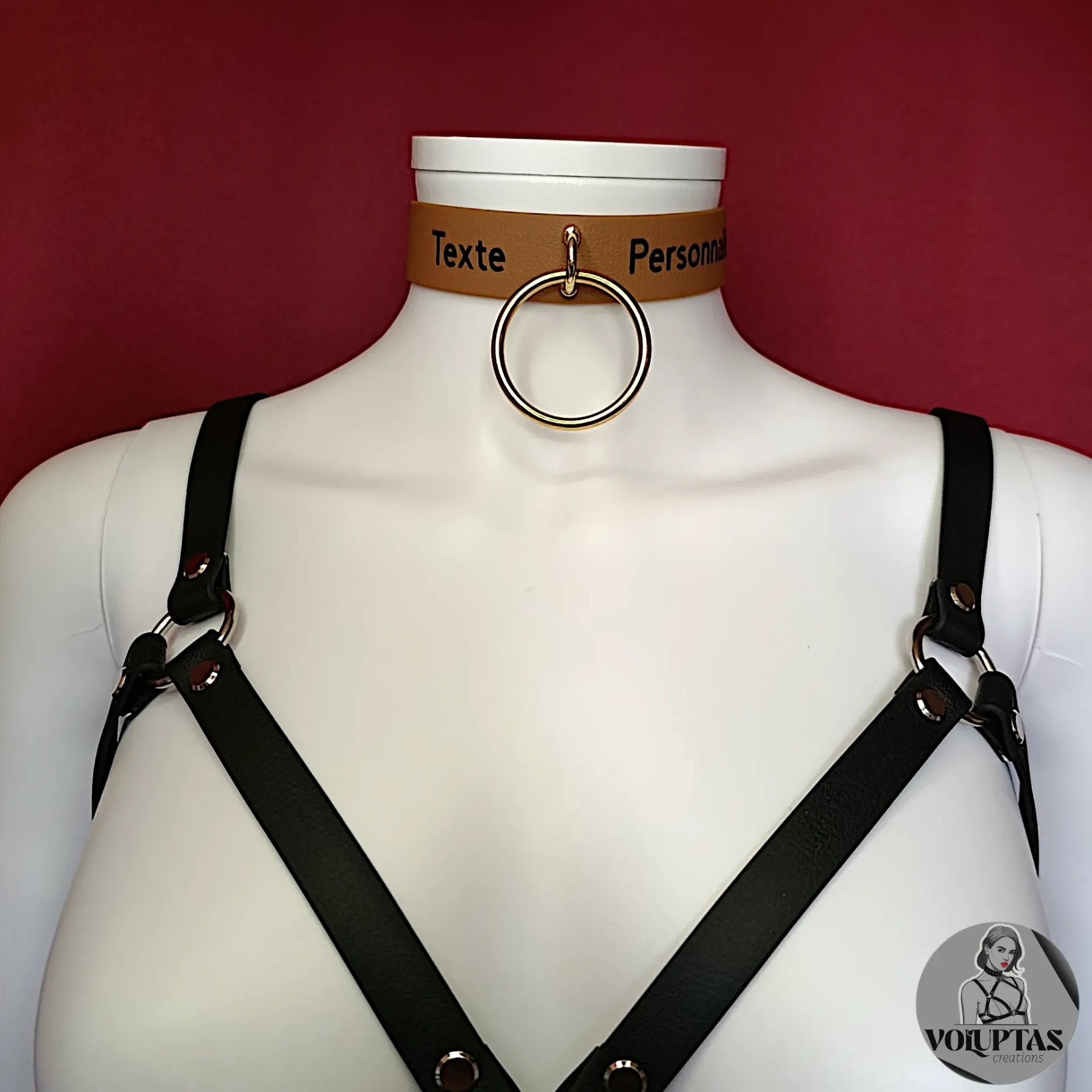 Collier SERVIA en cuir vegan marron — Textes personnalisables en option