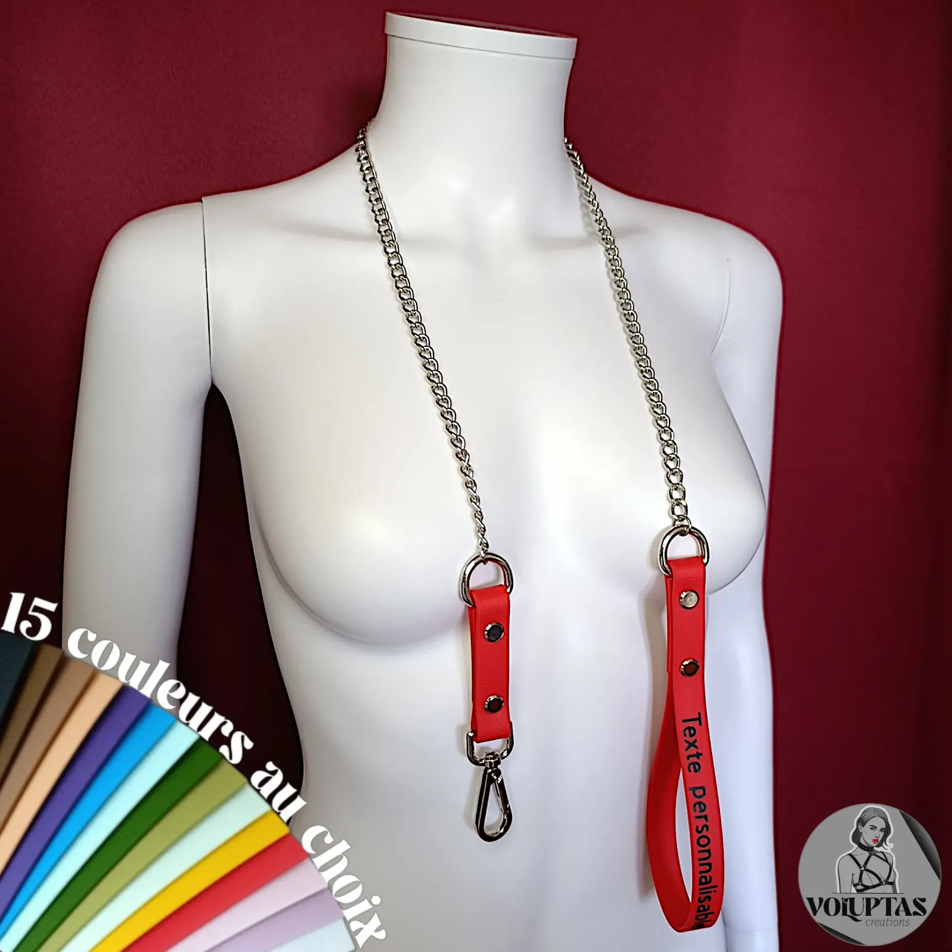 Laisse BDSM VELORA — Cuir vegan au choix - Texte personnalisable en option - Boucleries en acier inoxydable