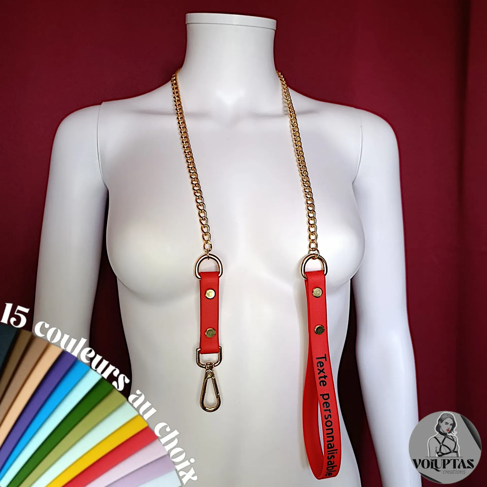 Laisse BDSM VELORA — Cuir vegan au choix - Texte personnalisable en option - Boucleries dorées