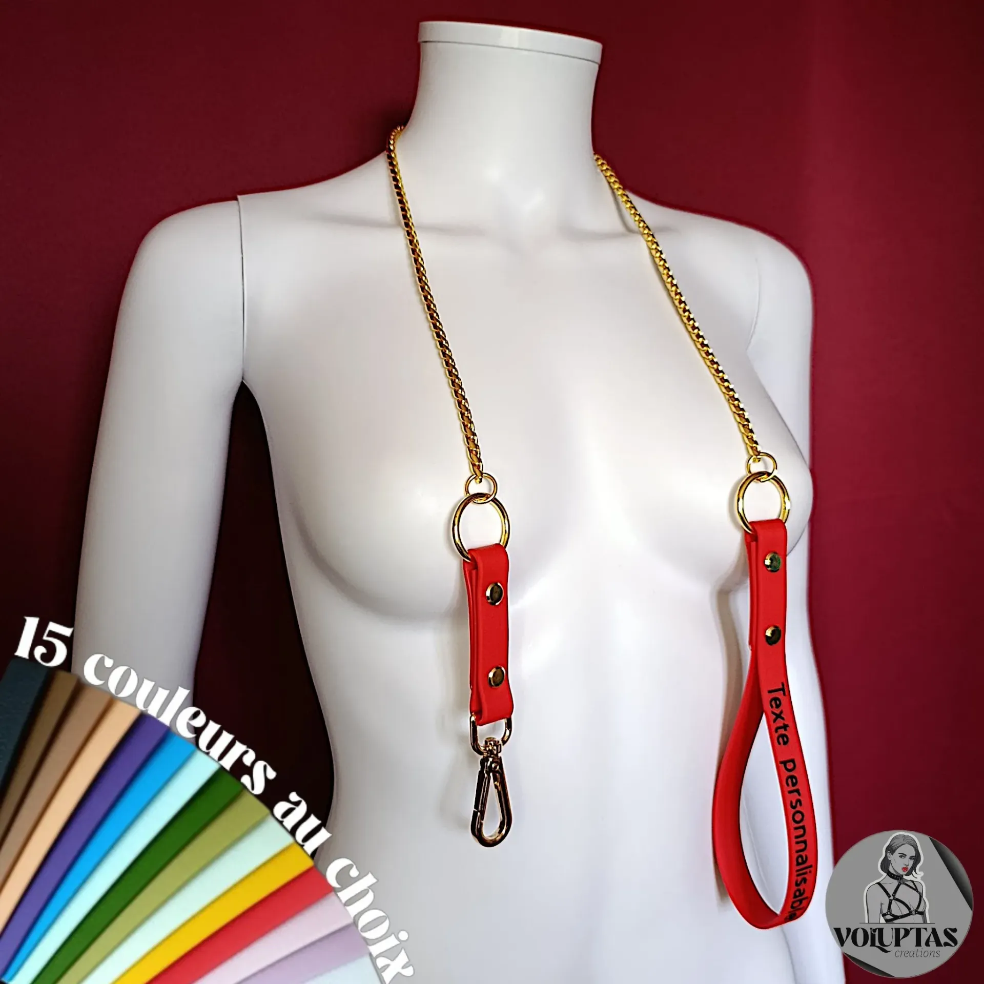 Laisse BDSM SOUMISSIA (soudée) — Cuir vegan au choix - Texte personnalisable en option - Boucleries dorées