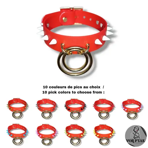 Collier TOTALIA en cuir vegan rouge avec pics — Personnalisable 